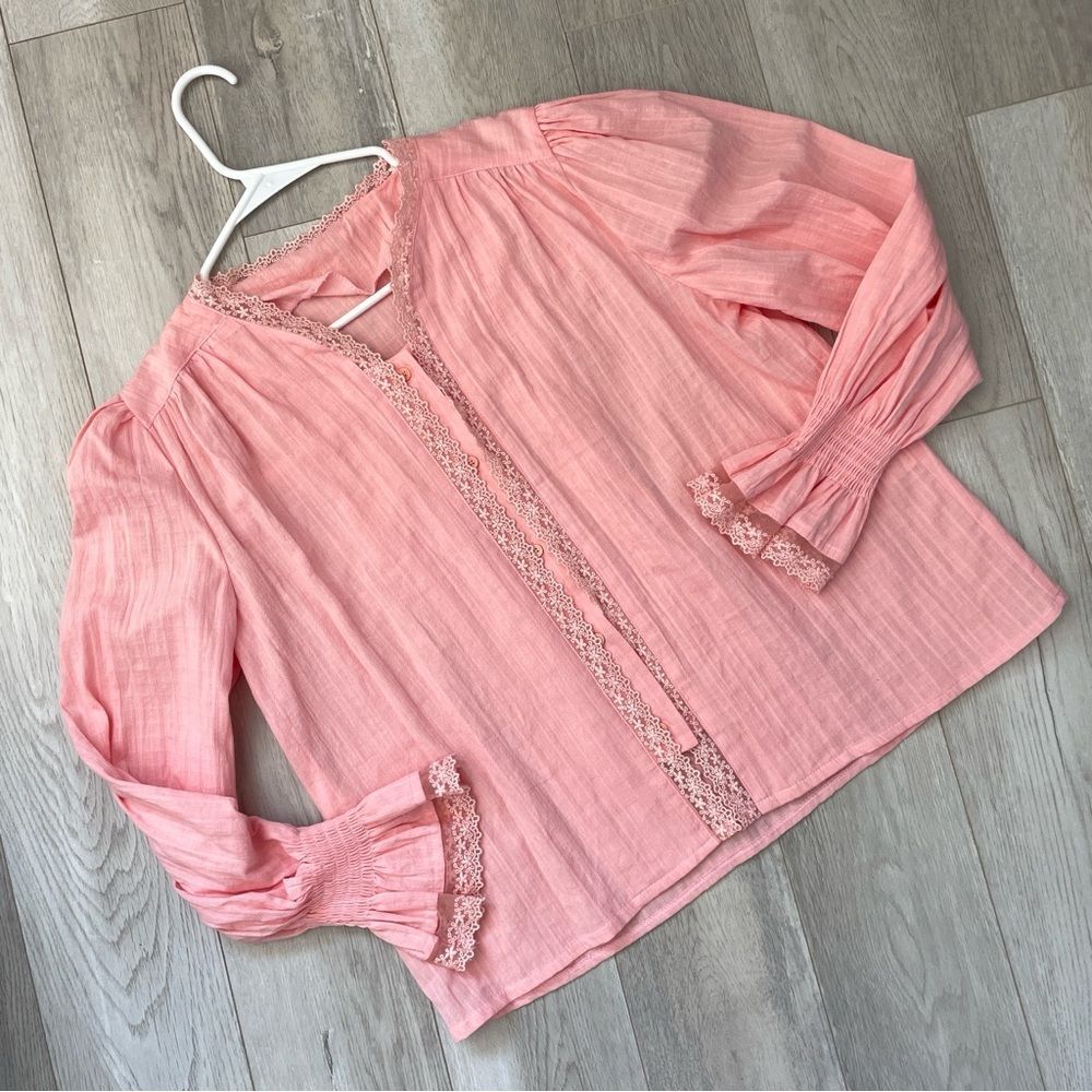 Bohemian Lace Blouse button up long sleeve womens Pink (medium) gypsy vacation